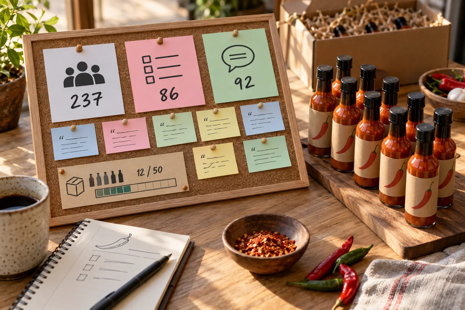 Signup count, survey cards, sample feedback, capacity, and a small pilot run form a demand validation board.