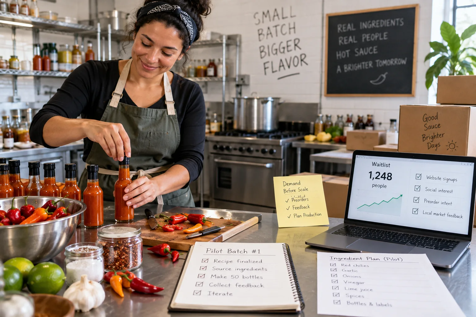 A hot sauce maker compares a customer waitlist, pilot batch, ingredient plan, and demand signals.