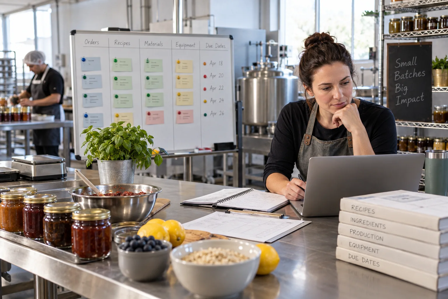 A small food manufacturer compares planning software with orders, recipes, materials, equipment, and due dates.