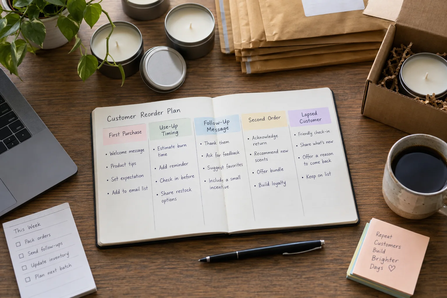 Customer reorder evidence is organized from first purchase and use-up timing through follow-up, second order, and lapse.