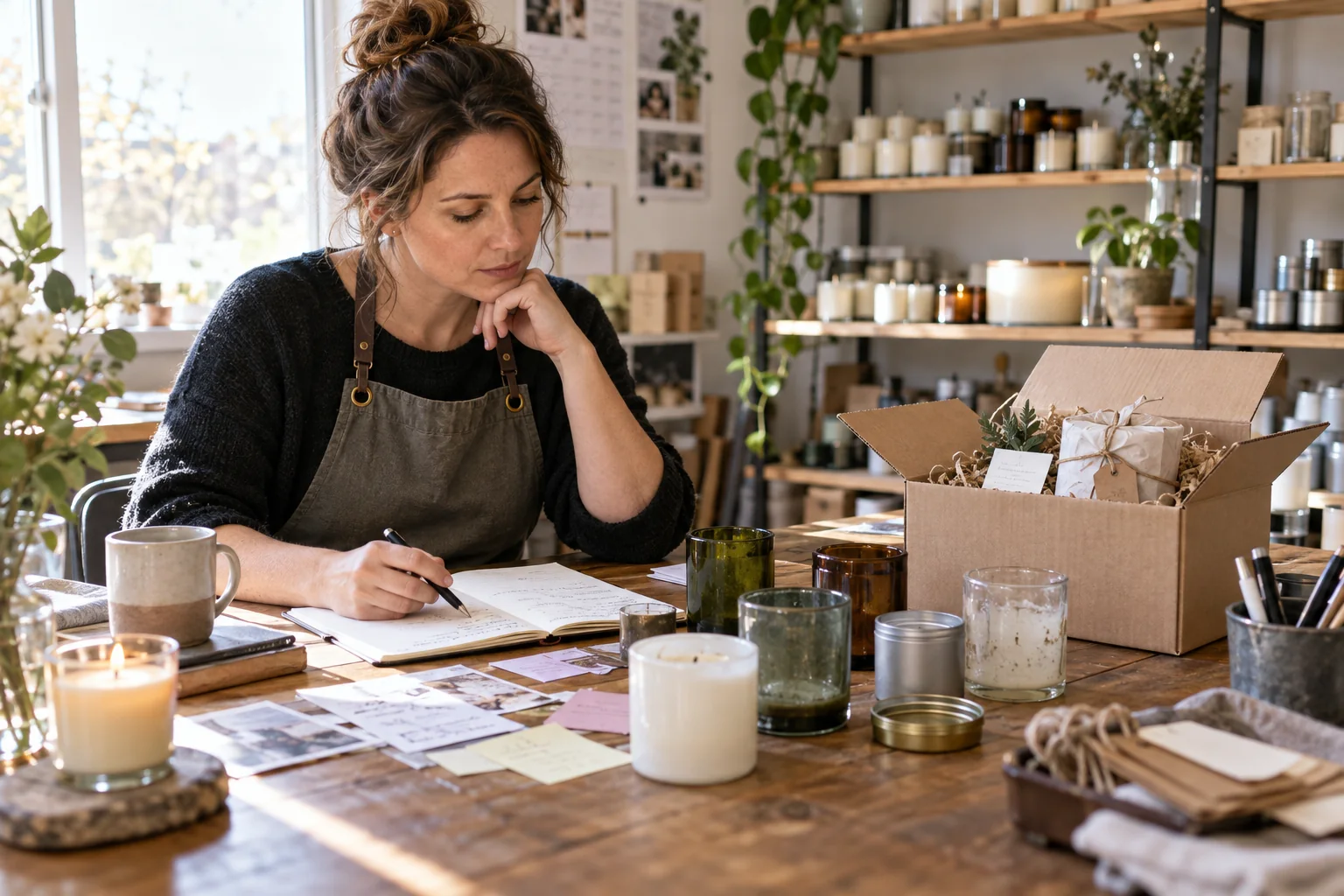 A candle maker reviews customer notes, used vessels, and a prepared repeat order at a working studio desk.