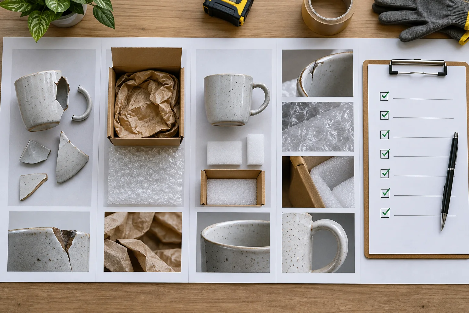 Damage evidence, original protection, replacement materials, inspection photos, and resolution steps are compared.
