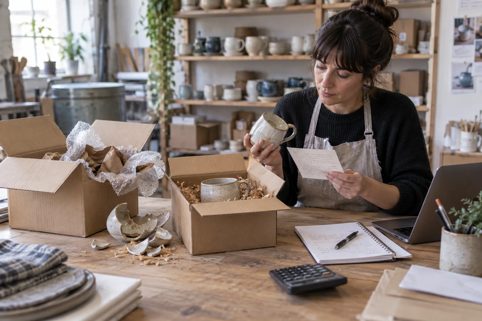 A ceramic maker reviews a damaged shipment, replacement package, customer note, and cost record.
