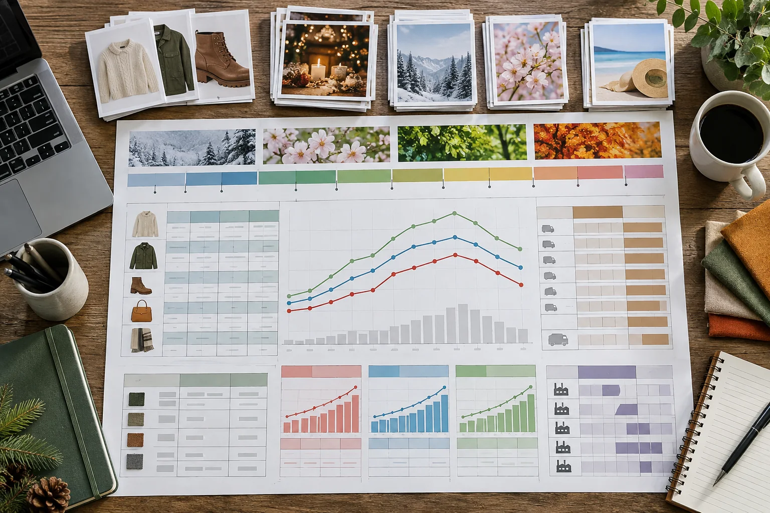Prior sales, confirmed orders, events, capacity blocks, supplier minimums, and three scenarios form a seasonal forecast.