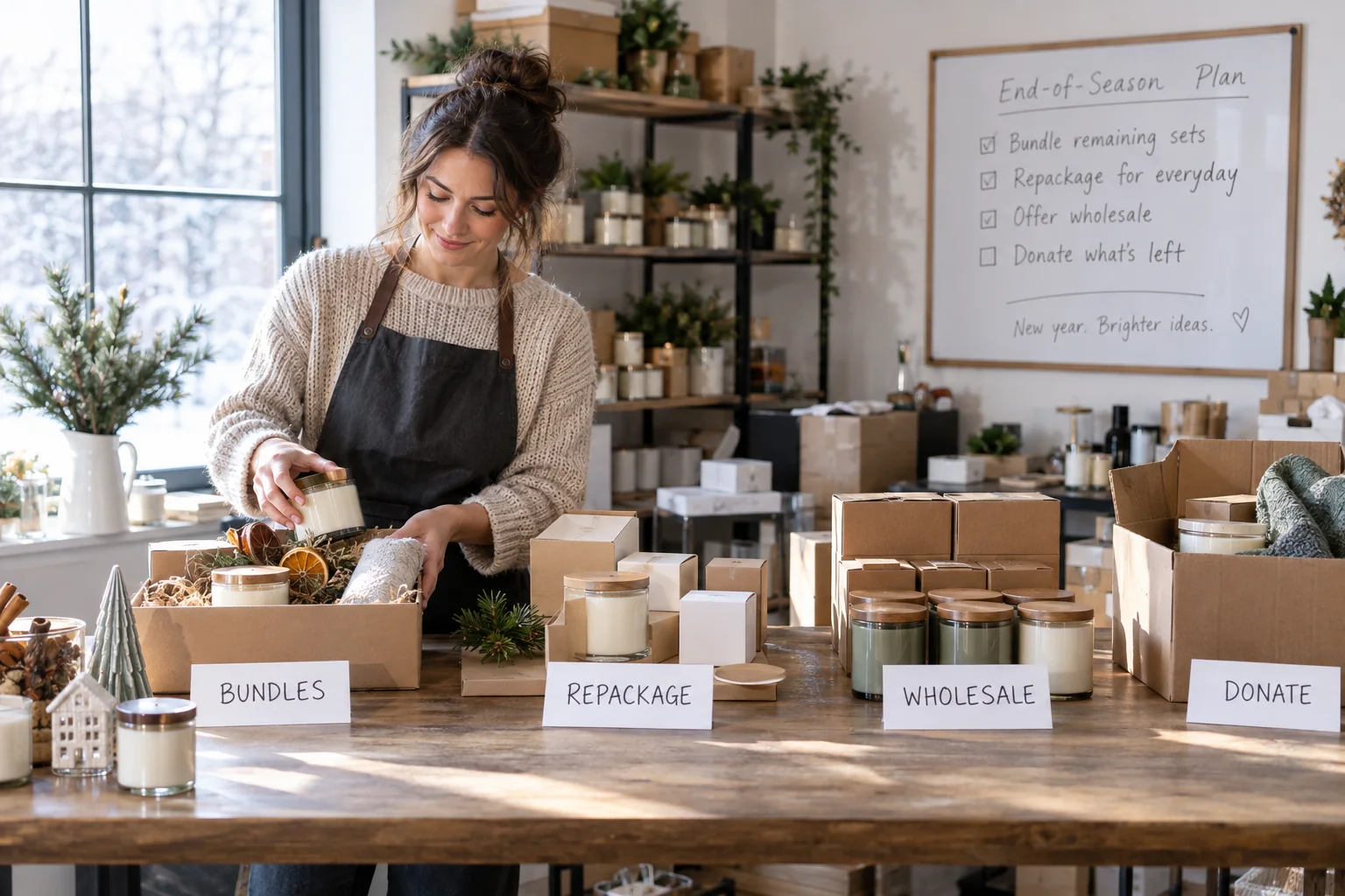 A gift and candle business owner sorts leftover seasonal inventory into deliberate exit paths.