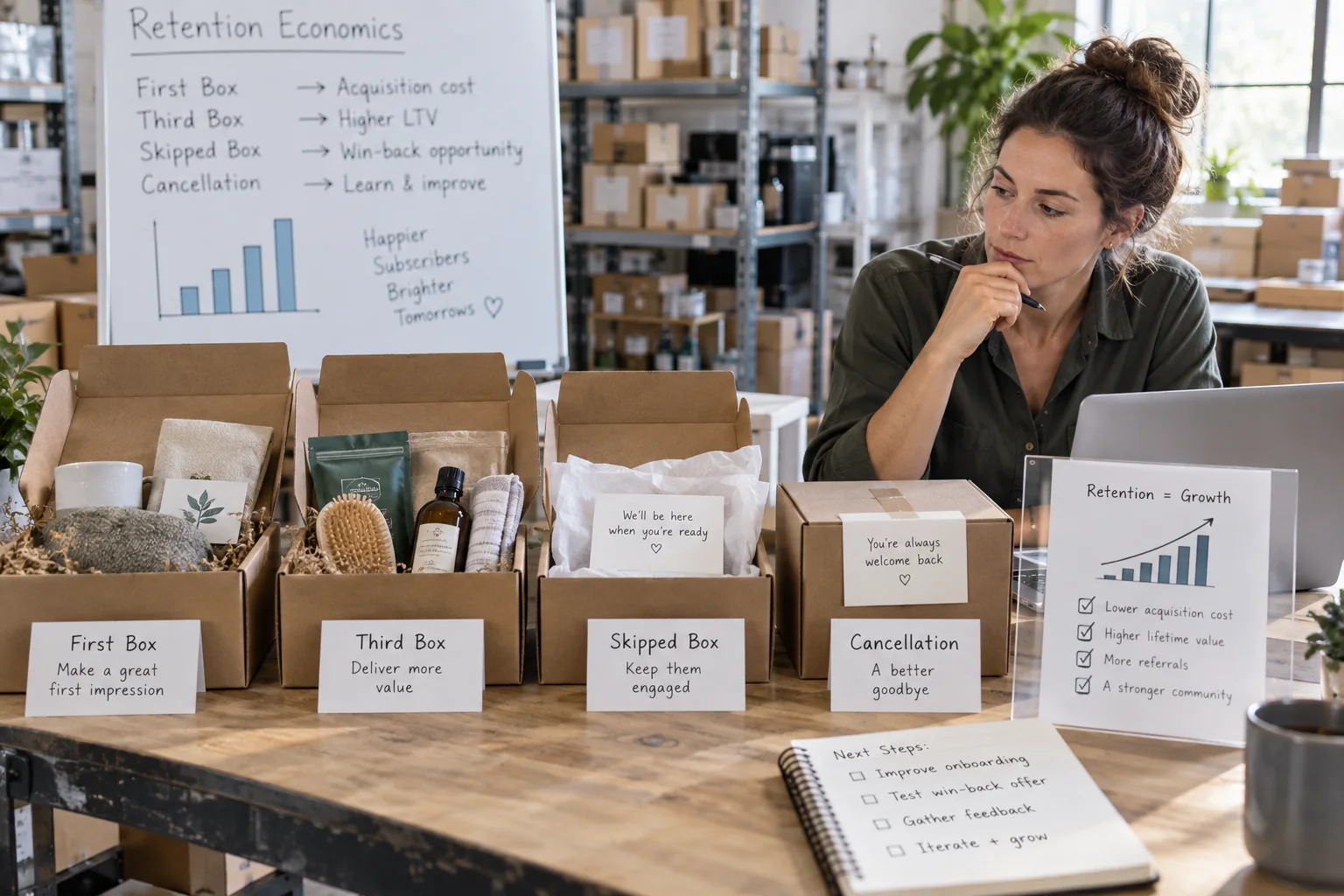 A subscription founder compares first, third, skipped, and cancelled boxes with retention economics.