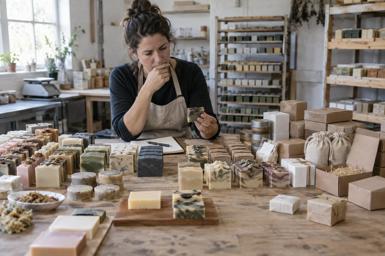 A soap maker sorts an overwhelming assortment of scent, size, and package variants in a real studio.