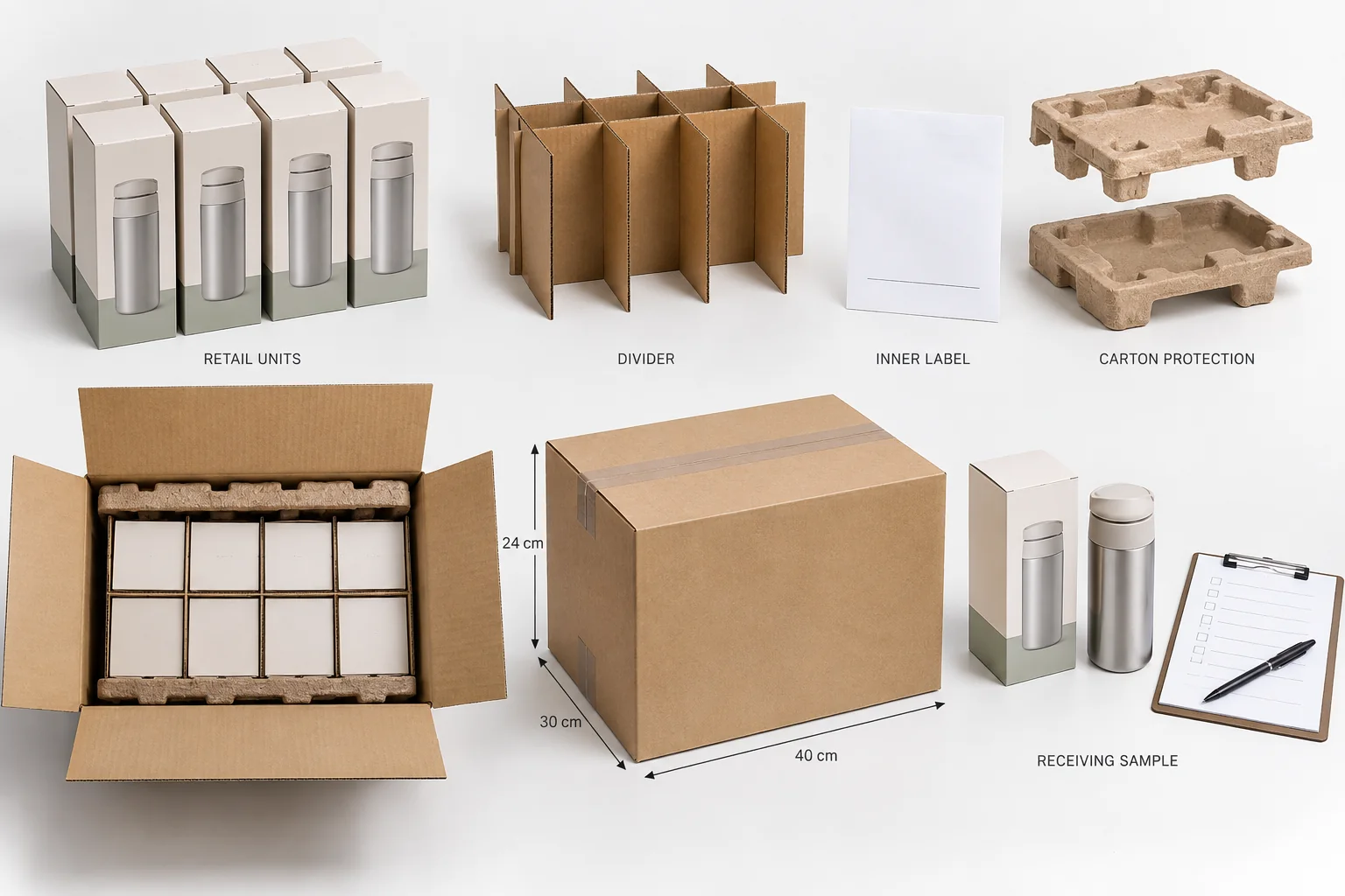 An exploded wholesale case pack shows retail units, dividers, inner labels, protection, and receiving needs.