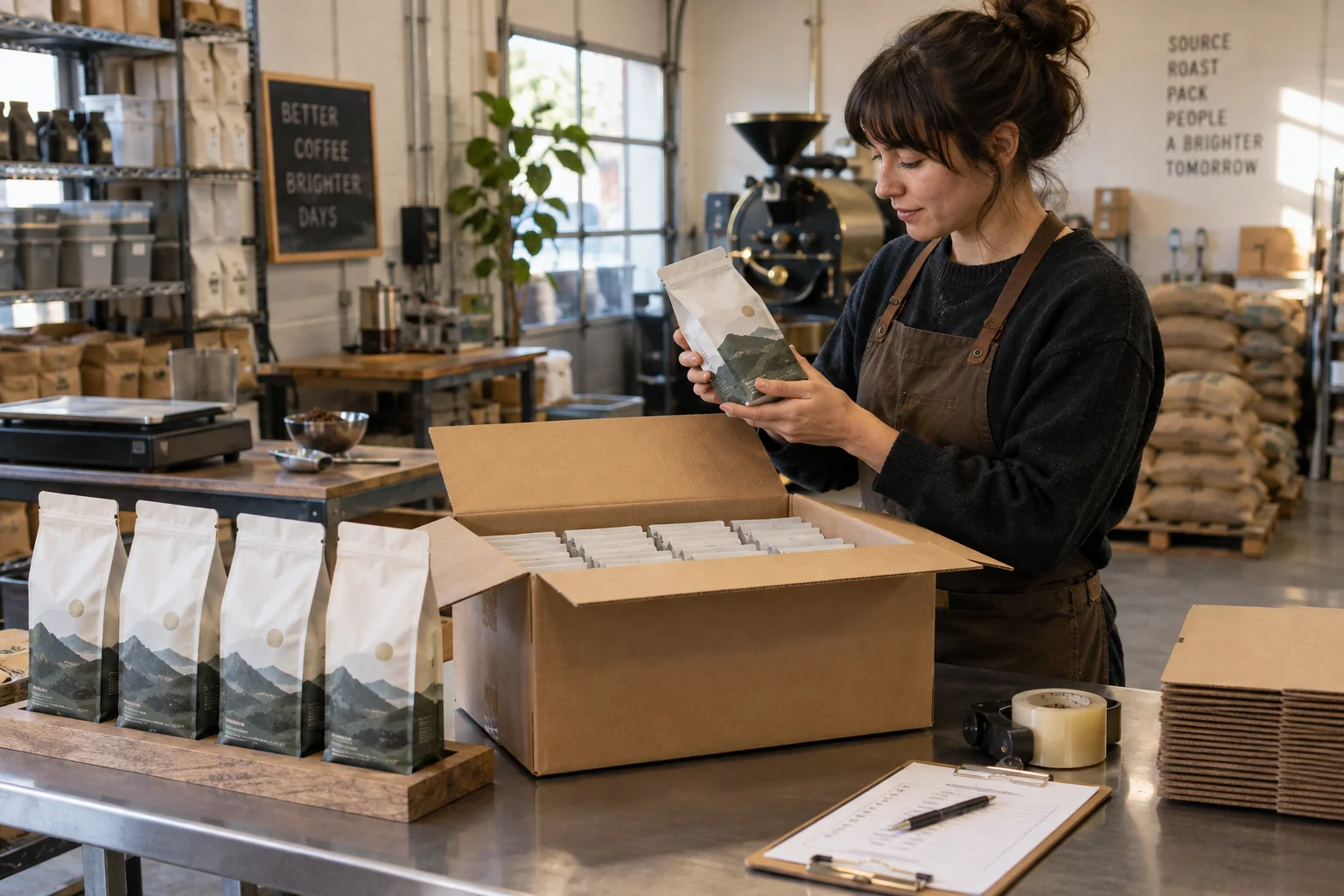 A coffee roaster checks retail units, labels, carton fit, shelf presentation, and durability for a wholesale case.