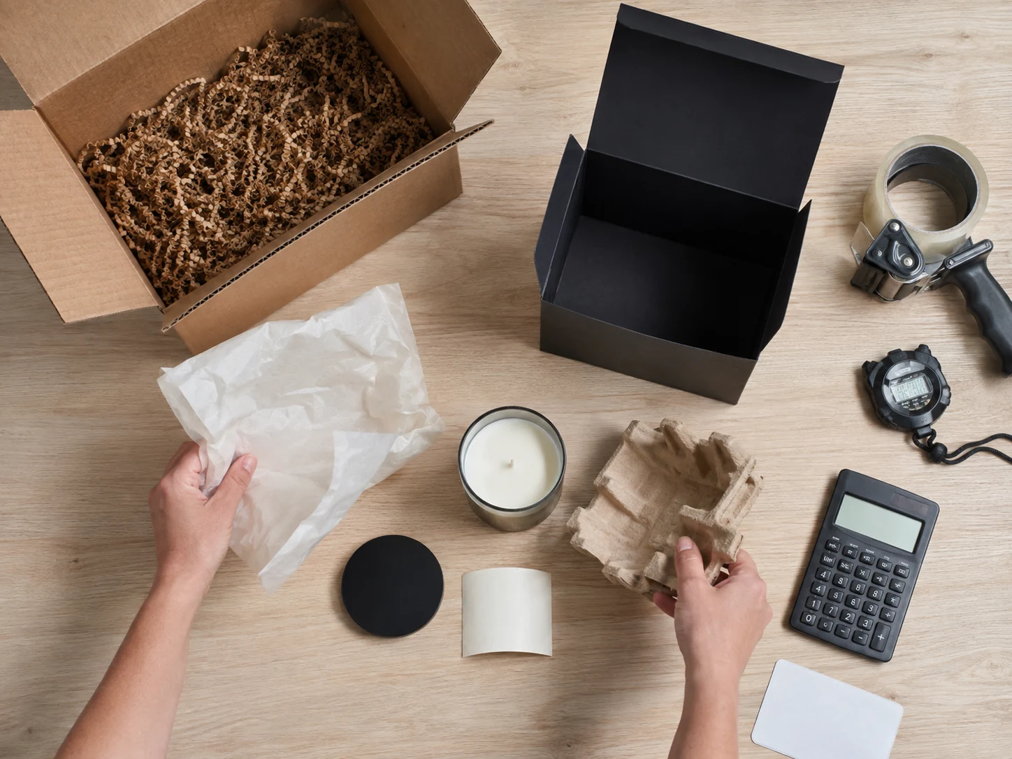 An exploded candle packout shows every layer from vessel and label through the shipping carton.