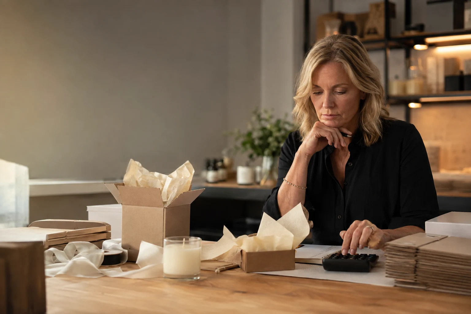 A candle maker calculates costs beside premium boxes, tissue, inserts, ribbons, and shipping materials.