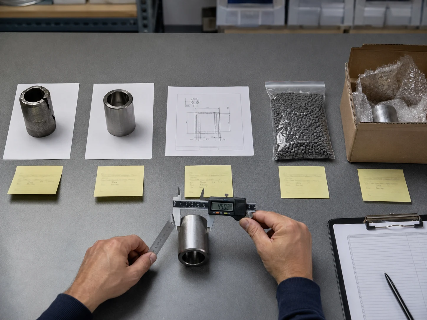 A returned item is compared with the approved standard using measurements and quality notes.