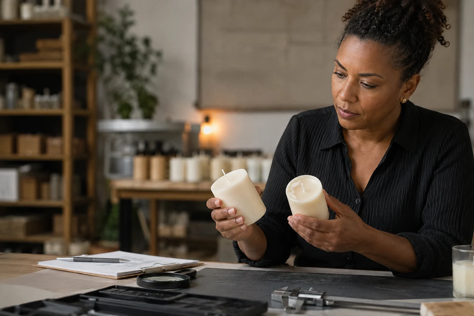 A maker studies a returned product and customer message beside the current approved sample.