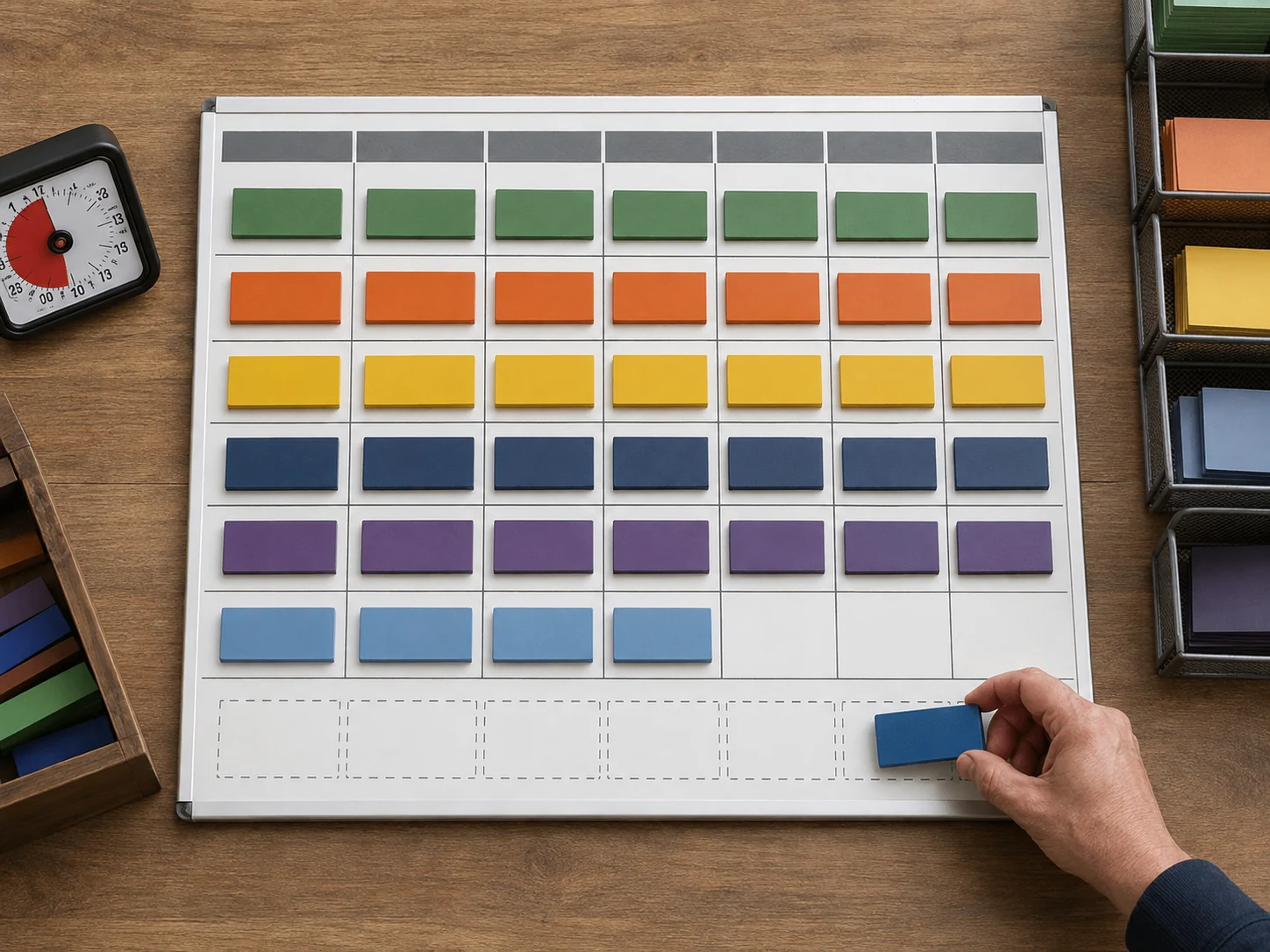 A weekly capacity plan separates production from setup, administration, rework, and buffer time.