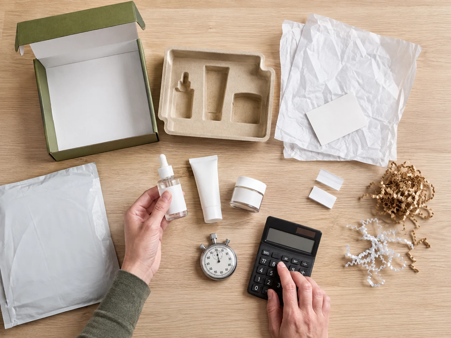 A gift set is disassembled to show product contribution, discount, packing labor, and shipping materials.