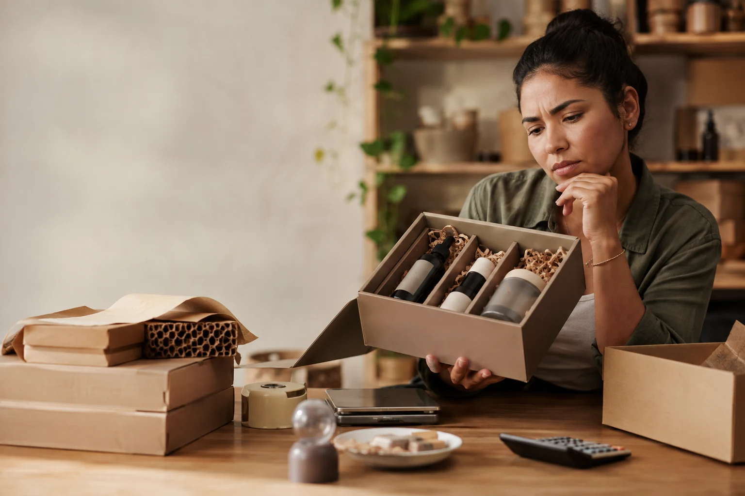 A gift-box maker reviews a beautiful bundle beside its components, packaging, timer, and calculator.