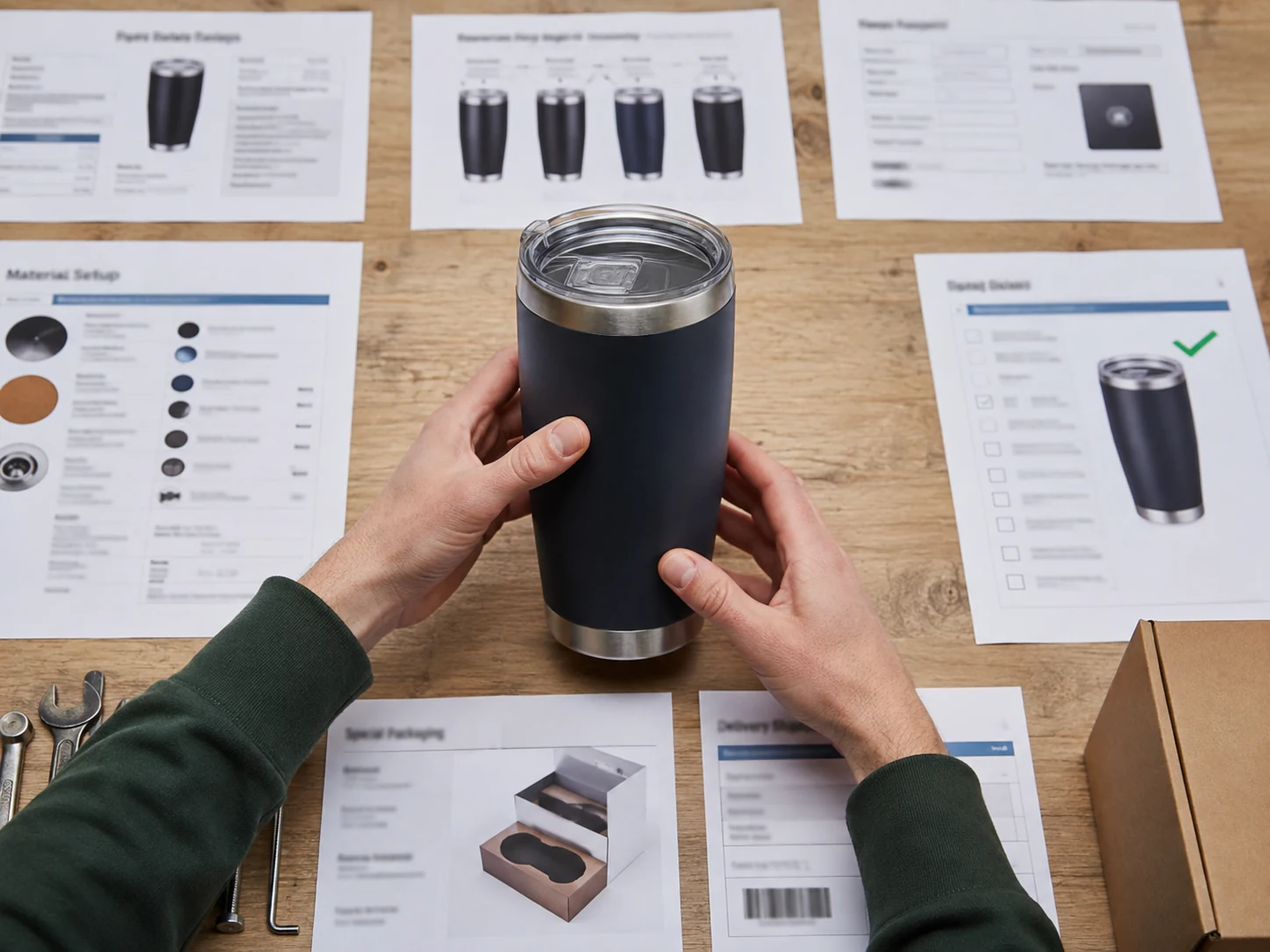 A personalized product is surrounded by inquiry, proof, revision, setup, quality, and delivery tasks.