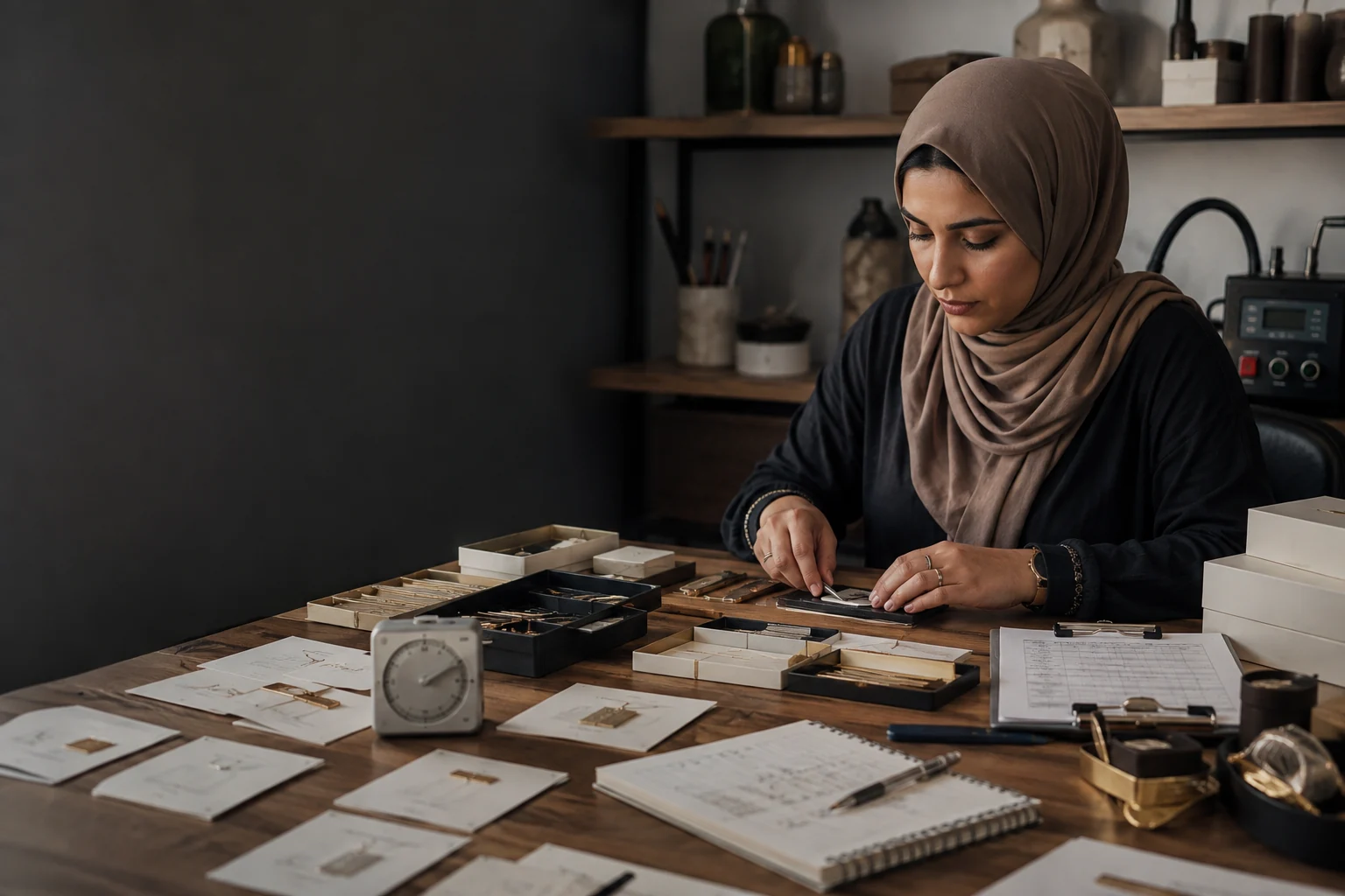 A maker reviews personalized orders, proofs, tools, and a production schedule at a busy workbench.