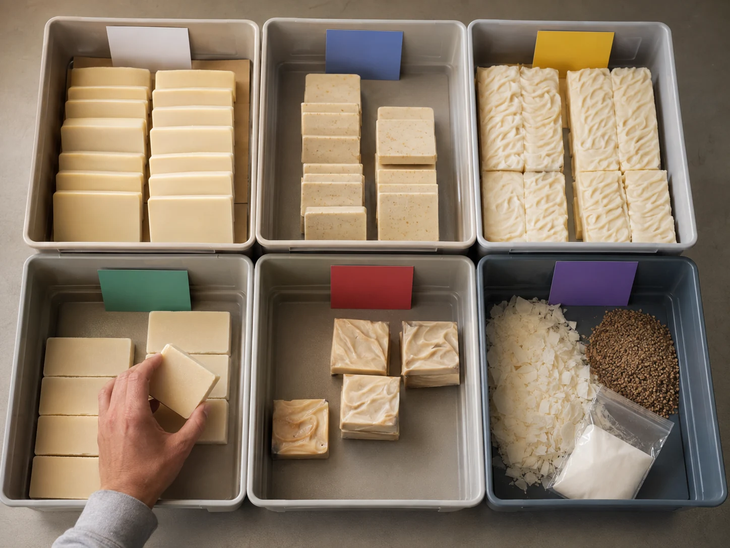 Six trays separate available, committed, work-in-progress, held, damaged, and incoming inventory.