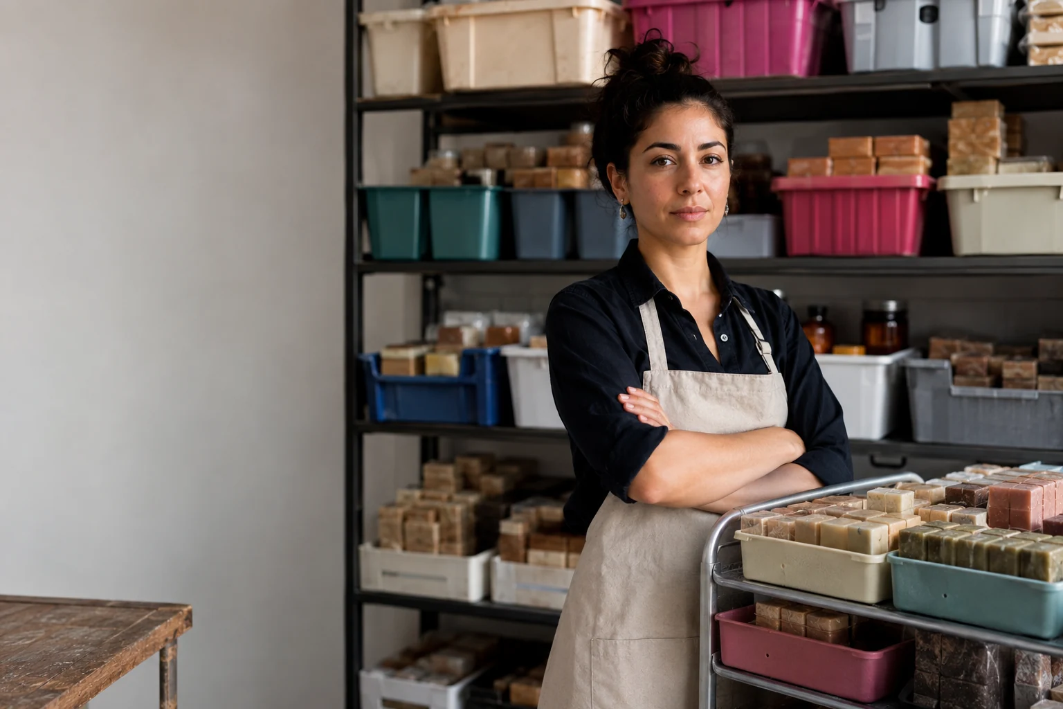 A soap maker examines full shelves while committed, held, and unfinished stock fills order carts.
