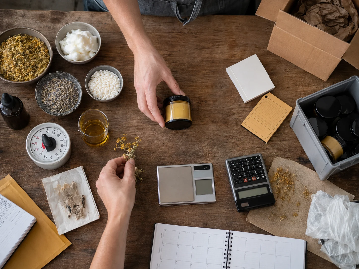 A finished product is surrounded by the physical inputs behind twelve essential maker-business numbers.