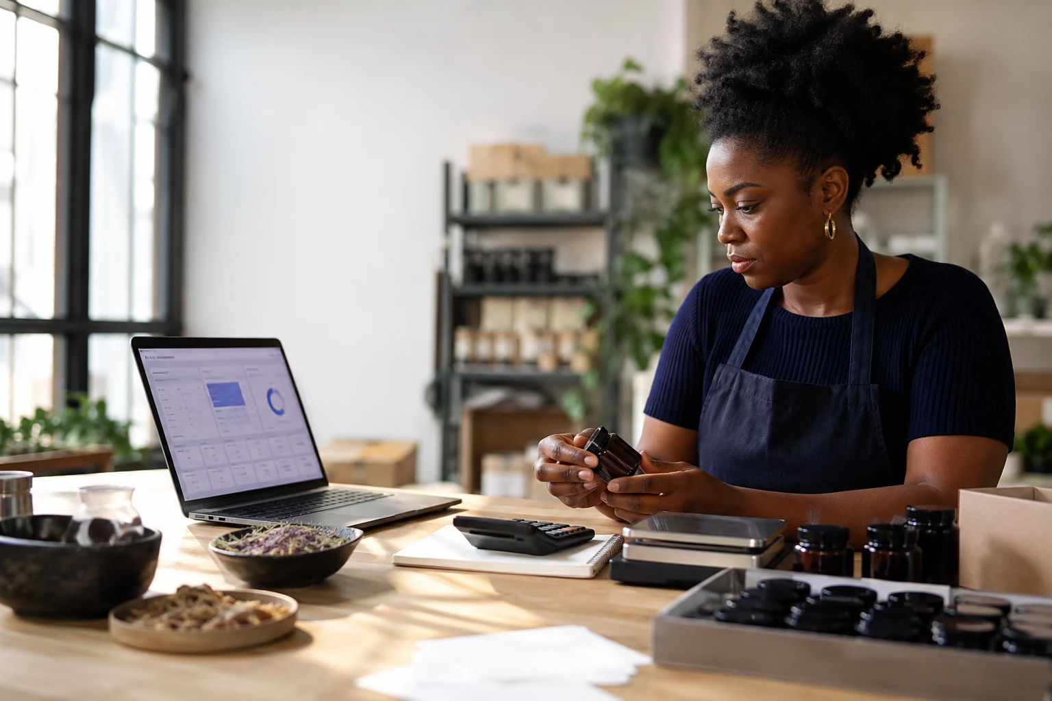 A product maker reviews finished goods, raw materials, a scale, and business numbers at a sunlit studio table.