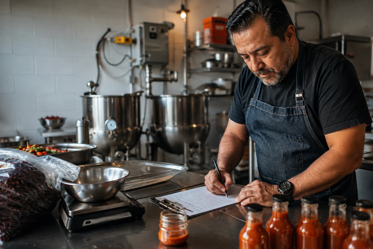 A hot-sauce maker completes a concise batch record beside ingredients, bottles, and a retained sample.