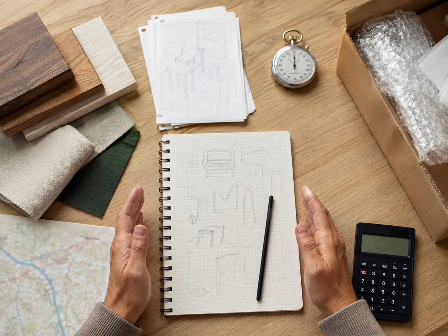 A custom-order workbench separates base product, design, revisions, materials, labor, and delivery costs.