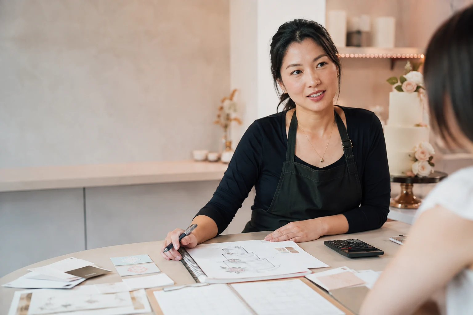 A cake designer reviews a custom project sketch, calendar, ingredients, and calculator at a client consultation.