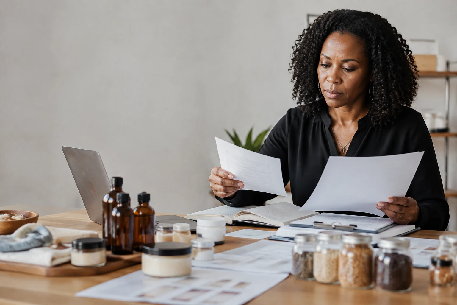 A product founder reviews labels, marketing copy, evidence folders, and test samples before publication.