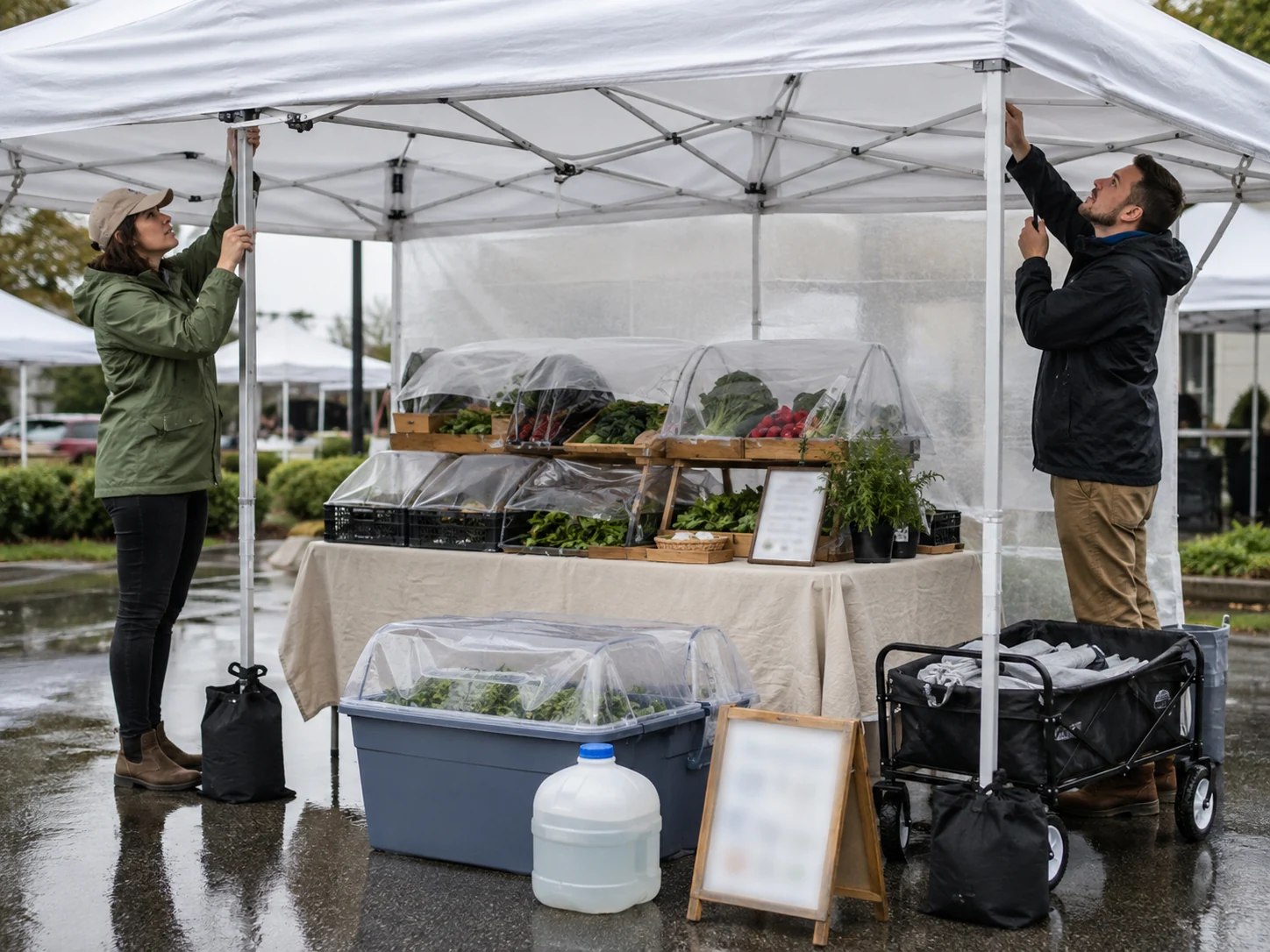 A weather-ready pop-up plan organizes weighted fixtures, product protection, inventory mix, and customer updates.