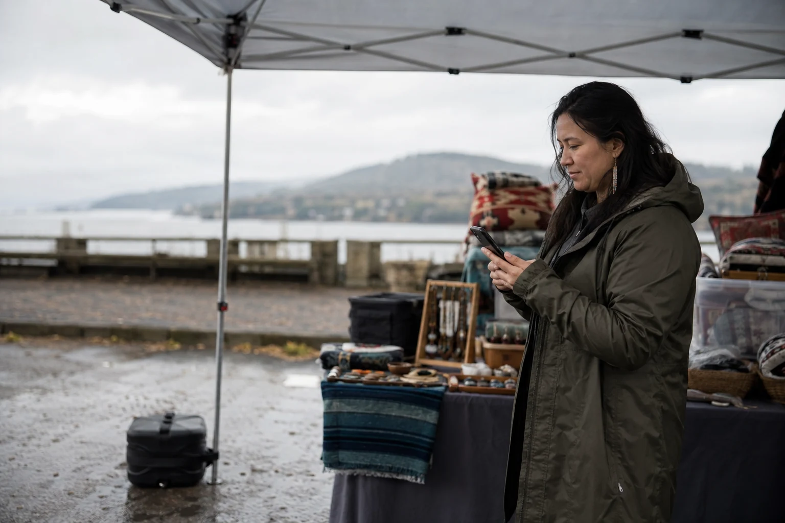 A prepared outdoor market vendor protects products beneath a secure canopy as weather approaches.
