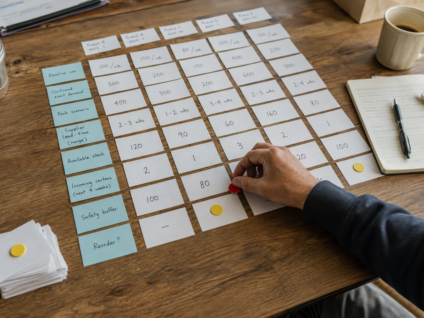 An inventory planning table compares normal, peak, and disrupted demand with supplier lead-time ranges.