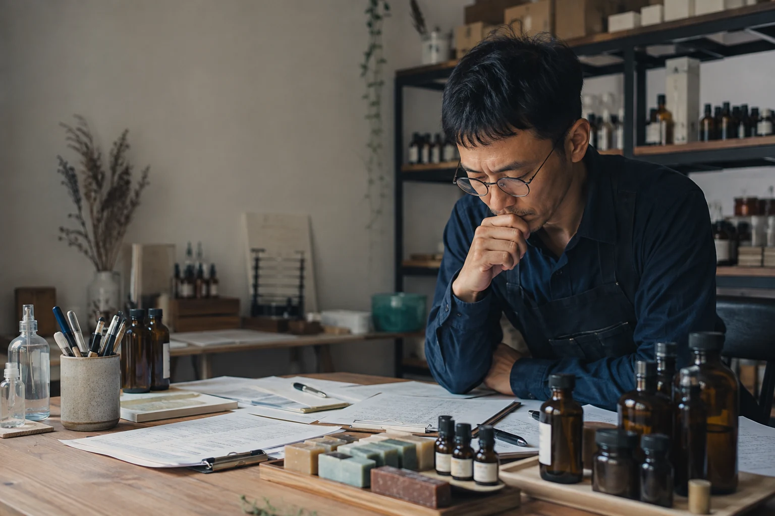 A maker studies uneven order history beside critical ingredient and packaging stock.
