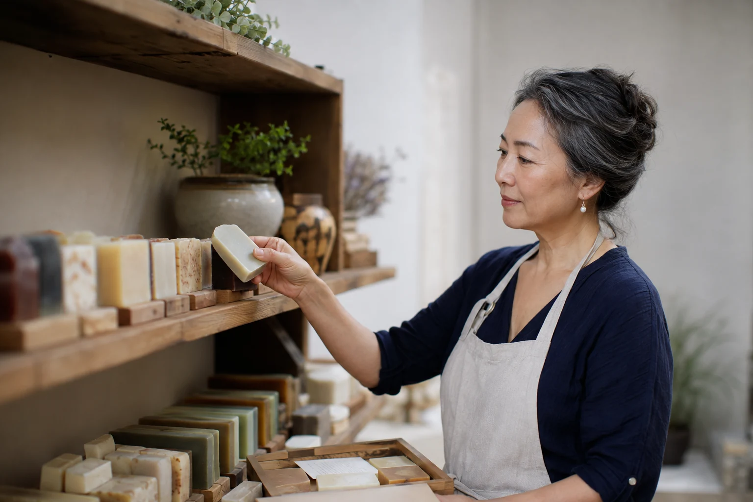 A maker thoughtfully removes a discontinued product from a studio shelf while preserving one reference sample.