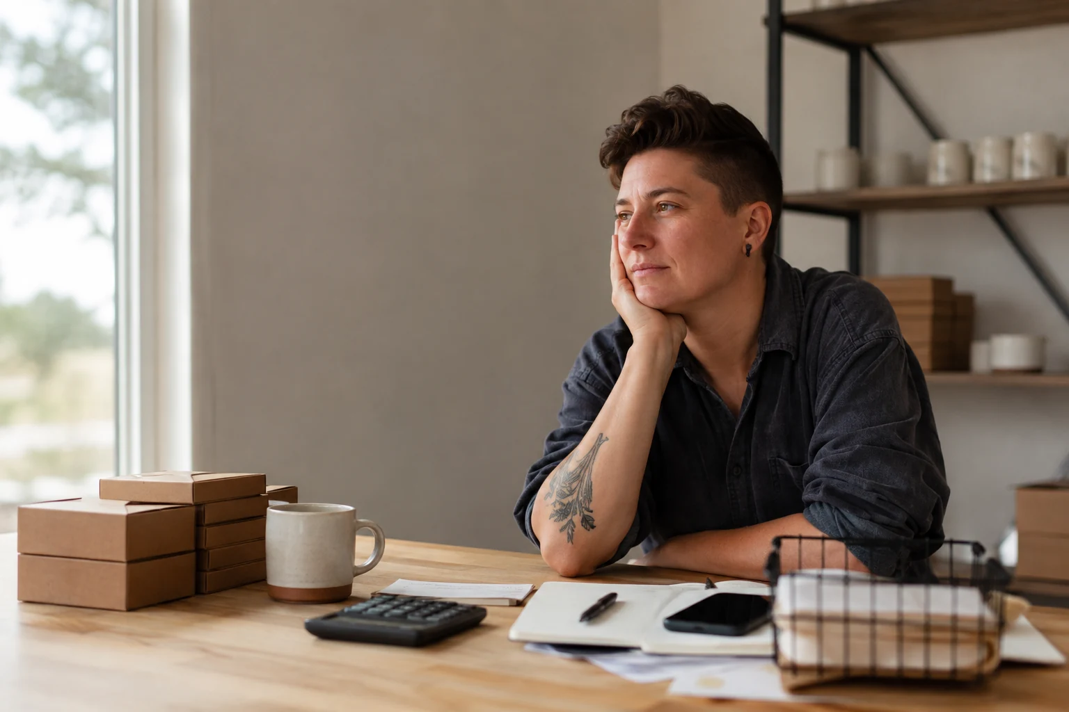 A tired but composed candle founder reviews orders and depleted inventory the morning after a launch.