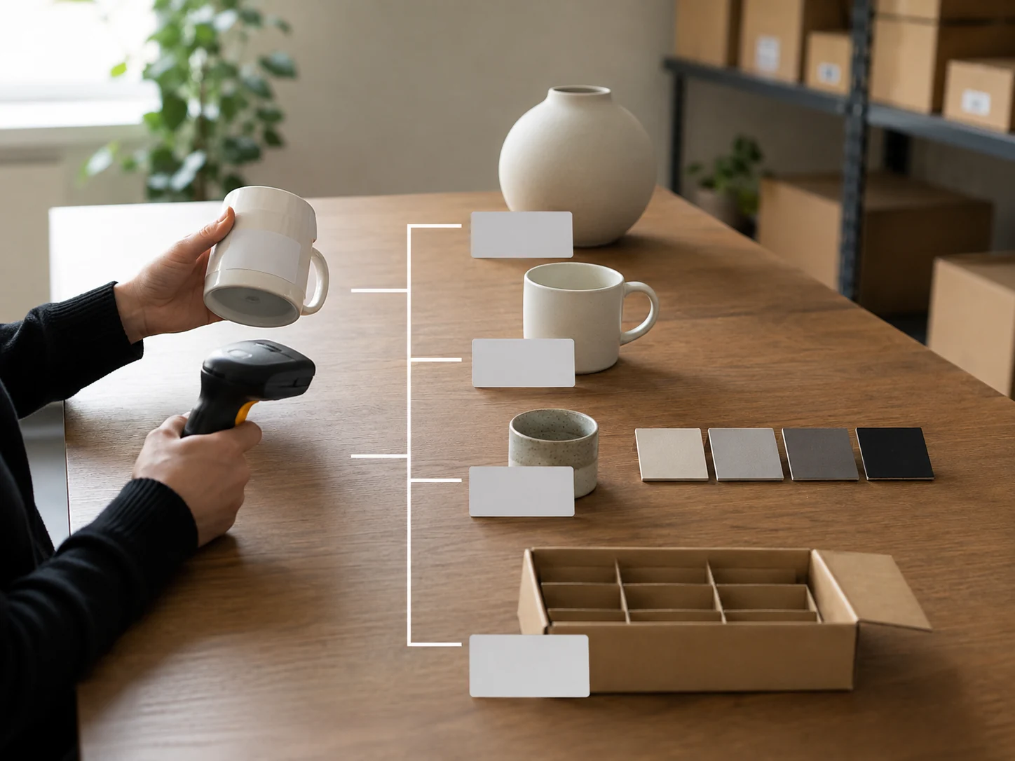 Product family, format, size, variant, and pack count form a stable SKU beside labels and scanners.