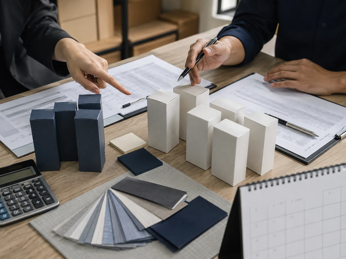 Packaging samples, price tiers, a calendar, and split-delivery plan support a supplier MOQ discussion.