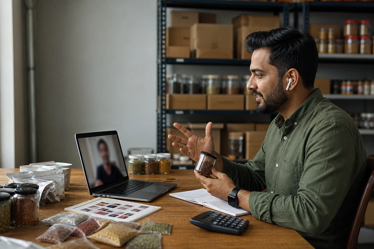 A spice-business owner discusses packaging quantities with a supplier during a respectful video meeting.