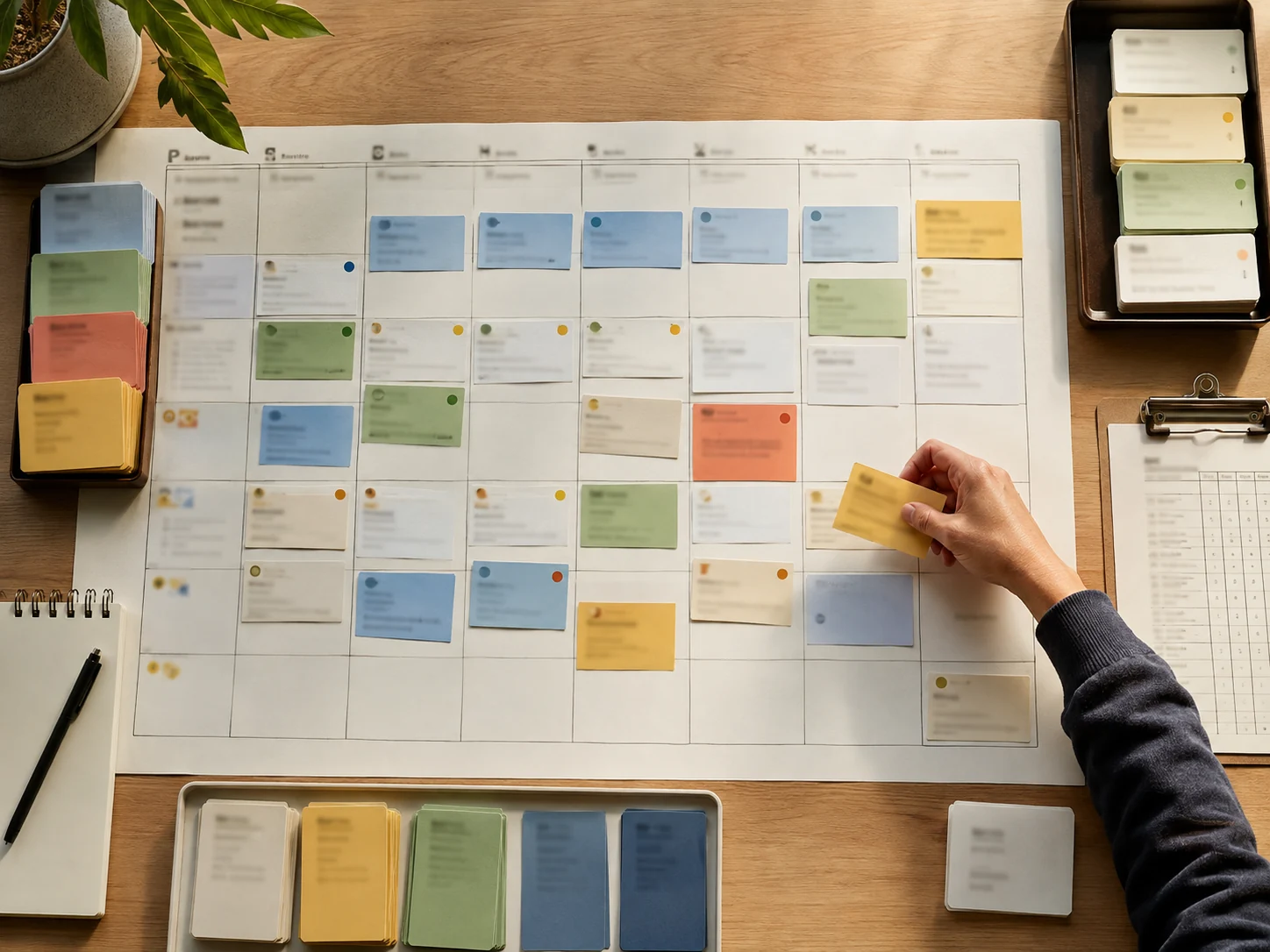 Weekly production cards show orders, supplier deliveries, maintenance, quality checks, and buffer time.