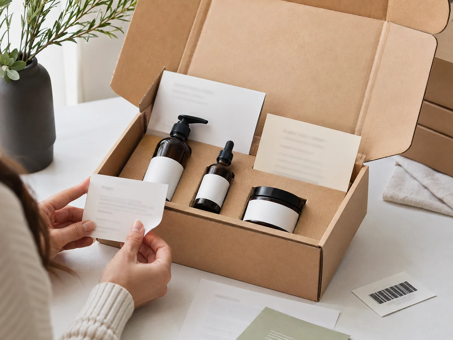 A buyer sample box displays current samples, case information, lead time, care, and a simple next step.