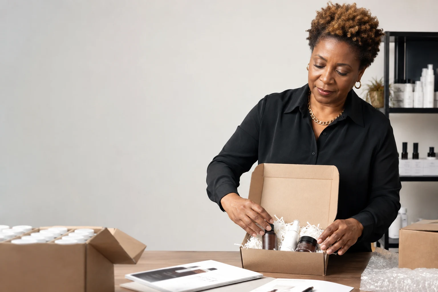 A maker prepares a concise wholesale sample box with current products and buyer information.