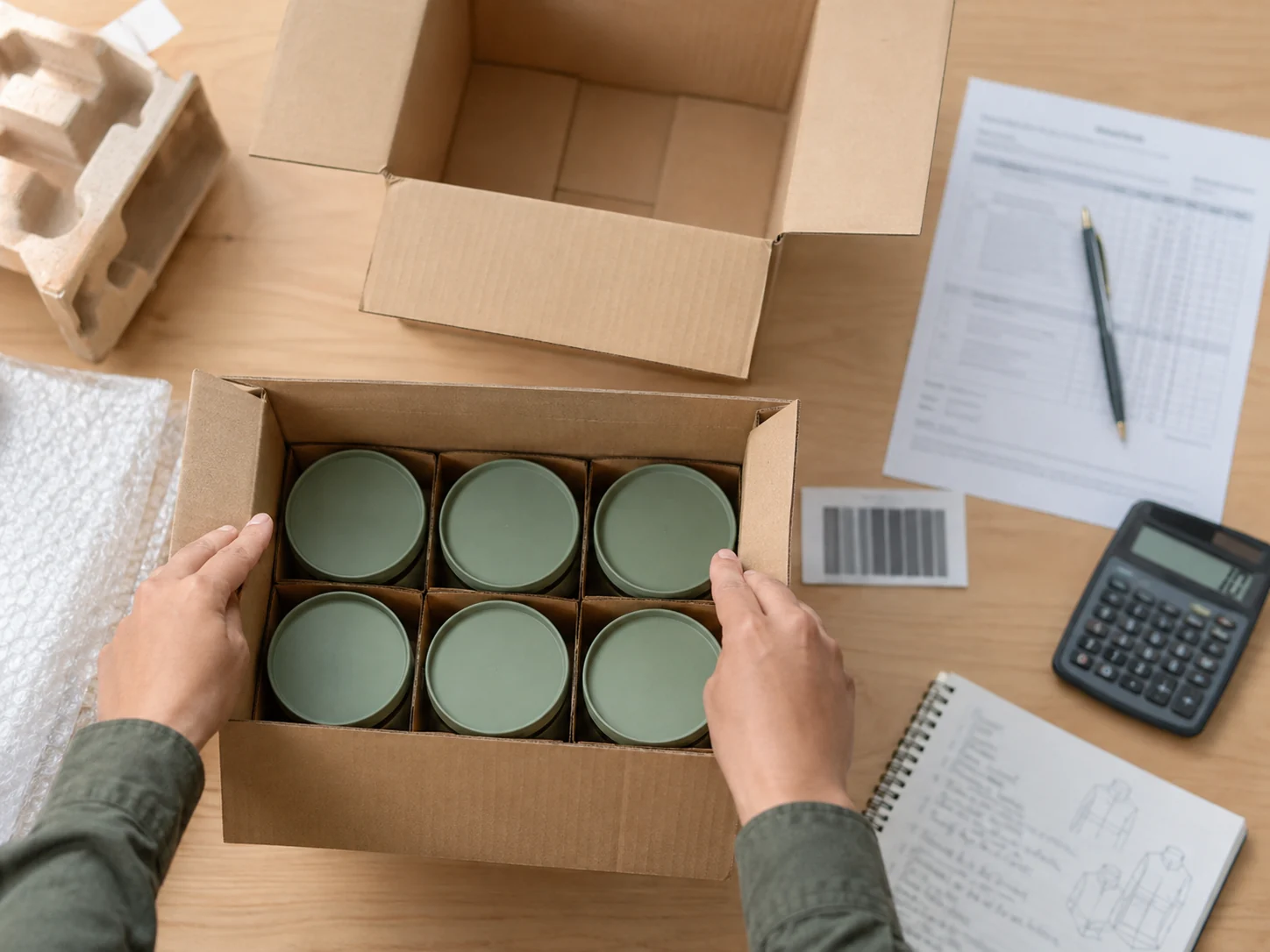 A buyer-ready case pack is checked against samples, shipping protection, and wholesale documents.