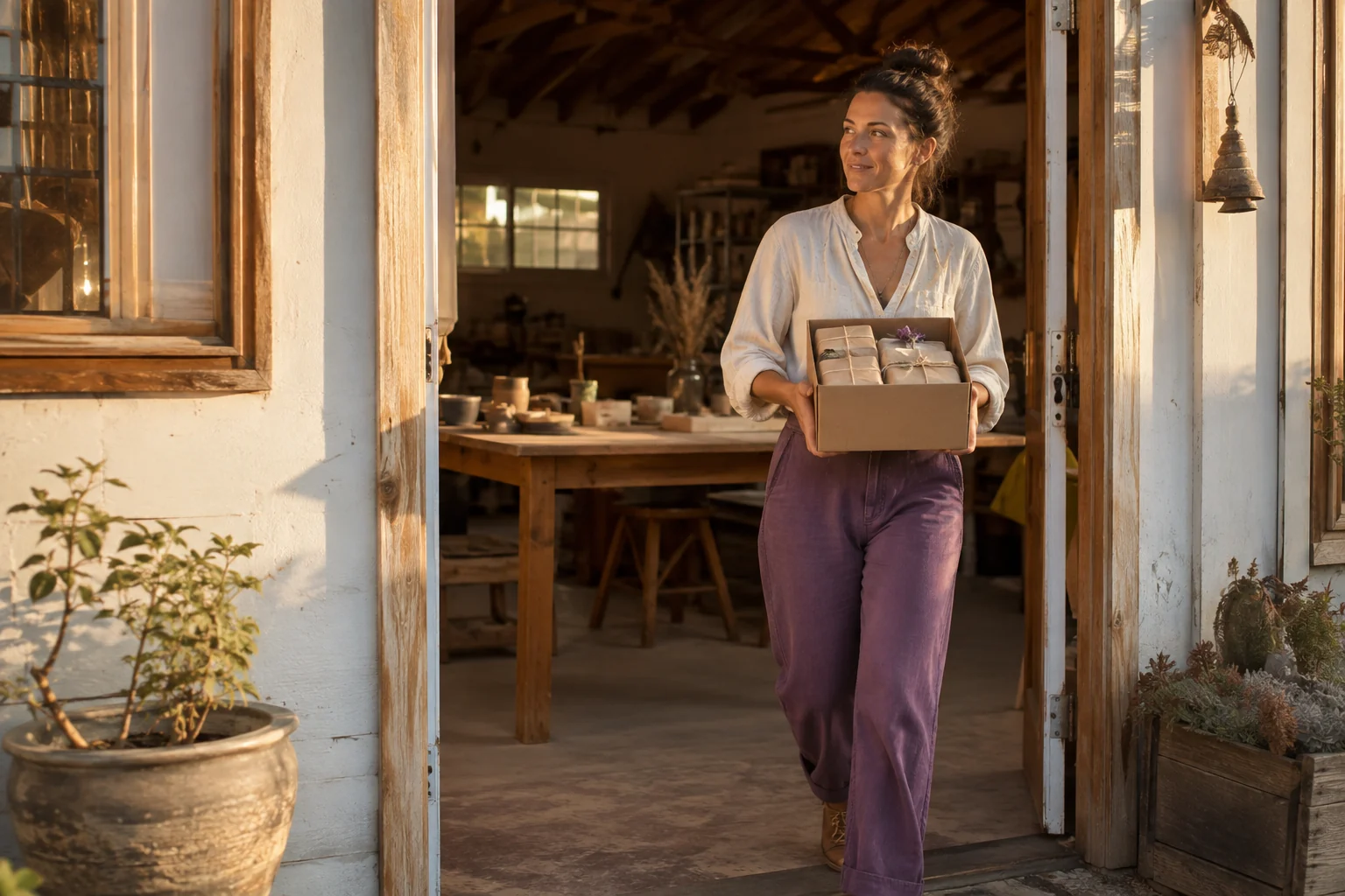A craft maker opening a small studio door at sunrise while carrying a box of carefully packaged first products.