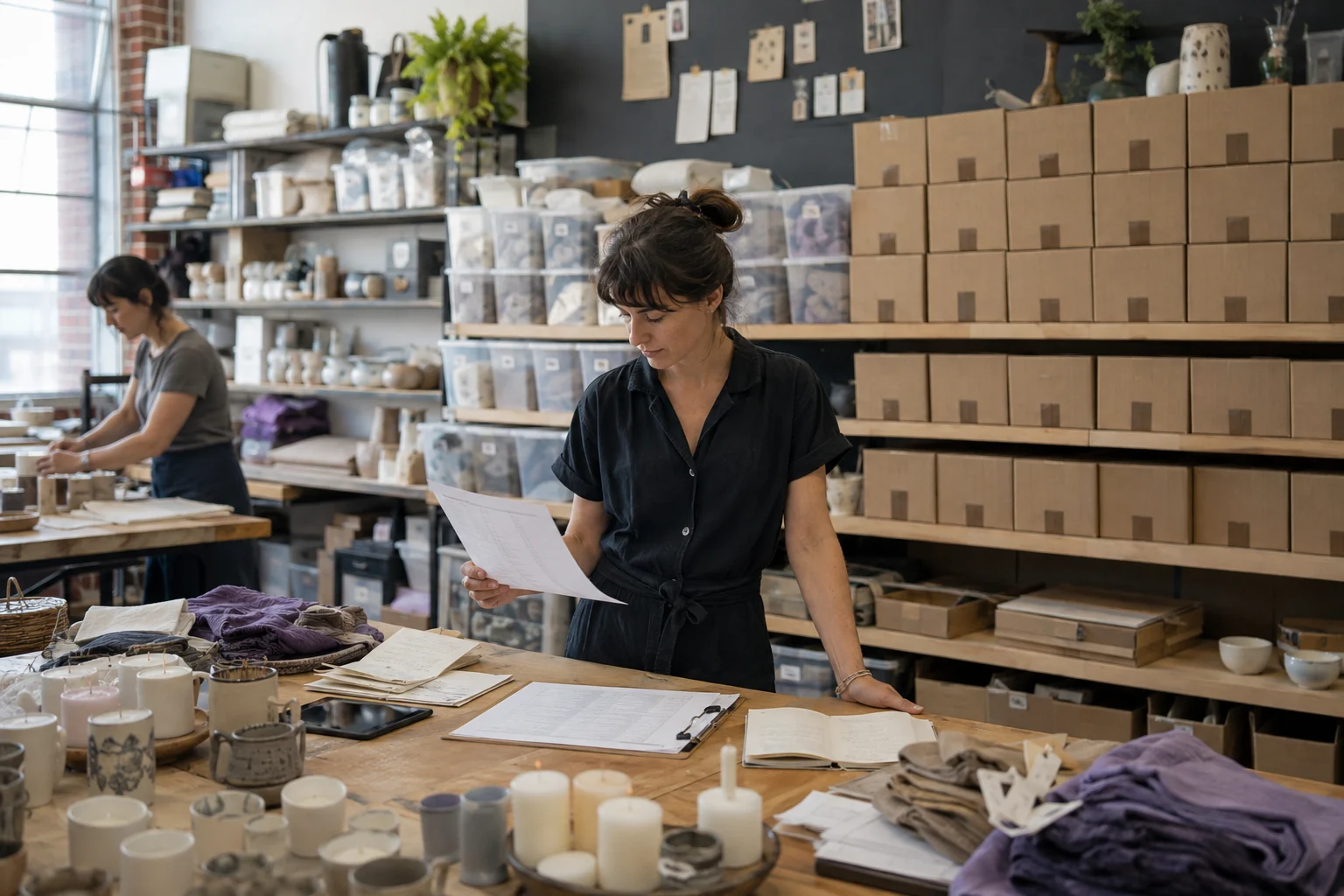 A small craft studio facing a wall of packed orders while the owner checks a production board with a calm, focused expression.