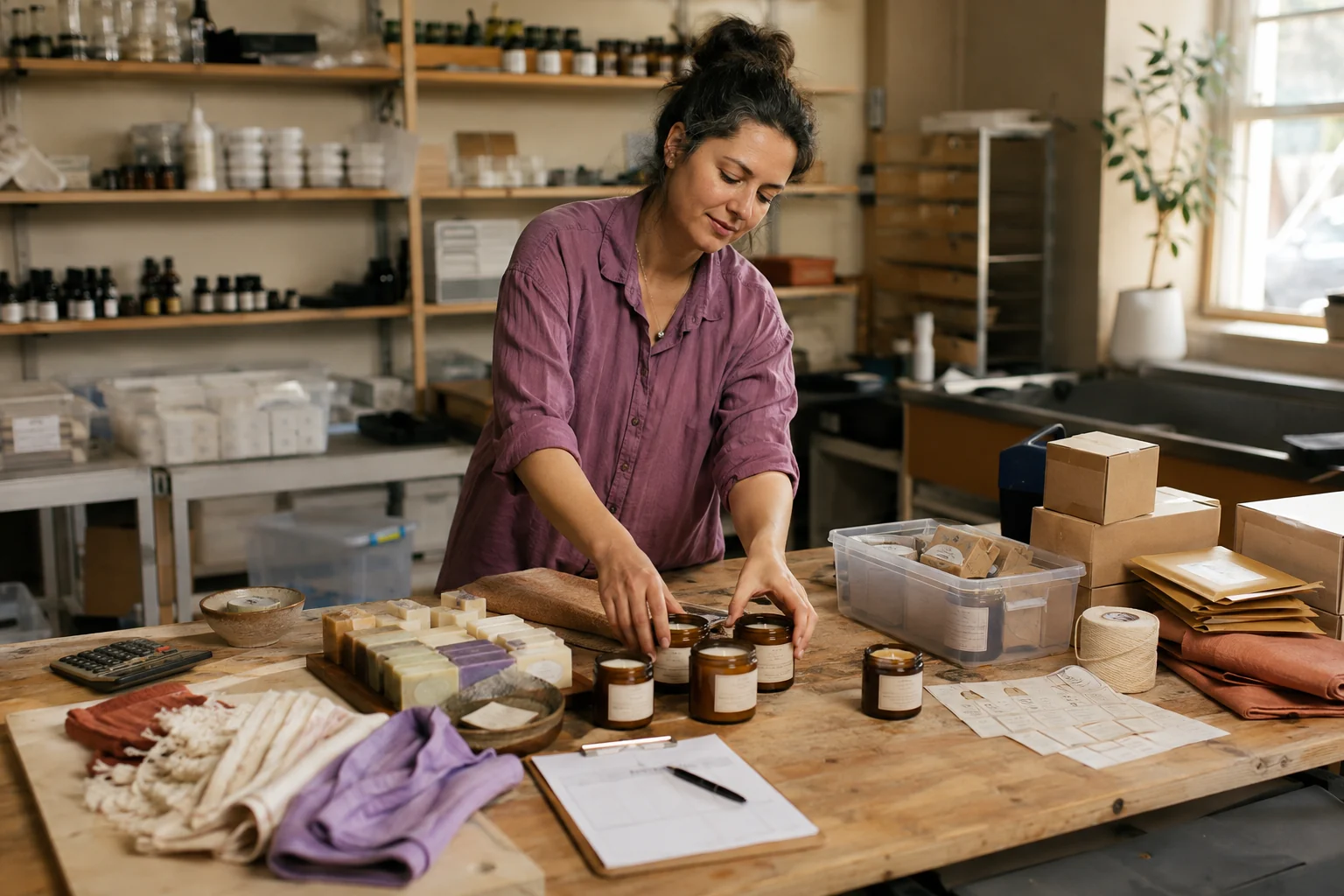 A craft-business owner organizing products, packaging, inventory, and order notes at a sunlit studio table.