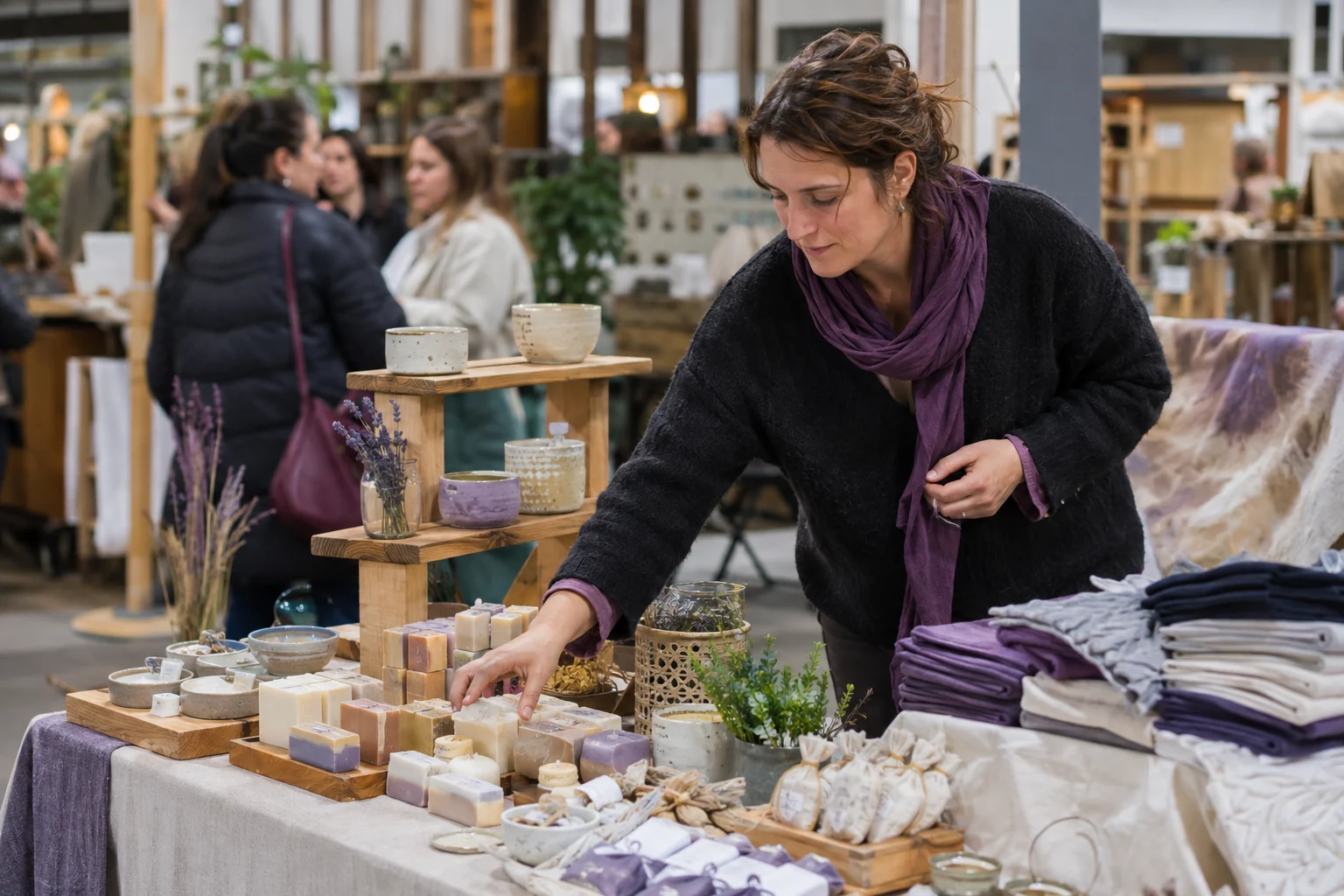 A craft-market seller thoughtfully rearranging handmade goods at a quiet booth while shoppers pass in the background.