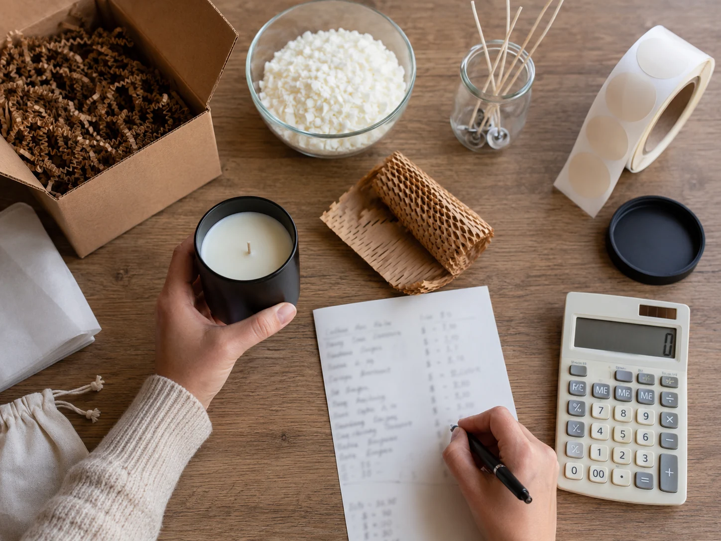 A candle maker calculates the complete cost of a gift-ready candle and its packaging.