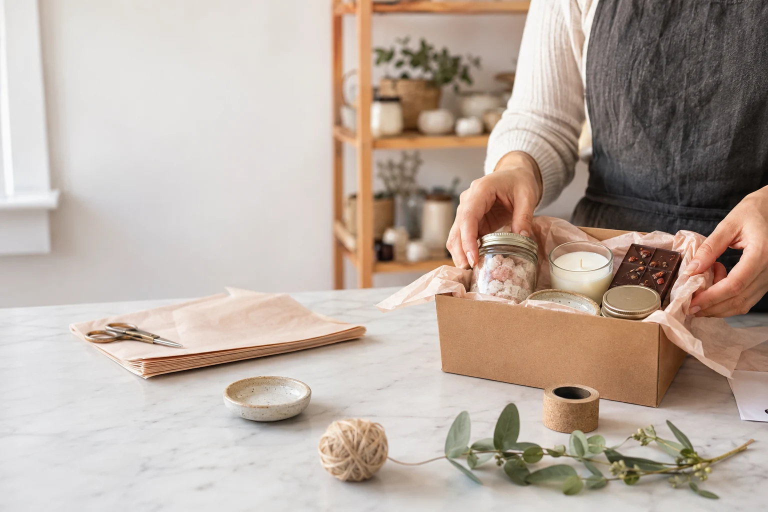A maker packs a small collection of giftable handmade treats into a kraft box.