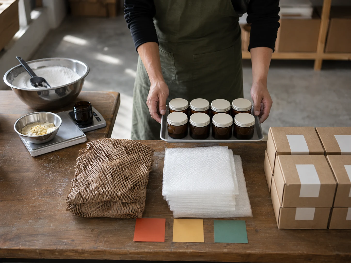 A clear small-studio flow moves ingredients through quality checks and packing stations.